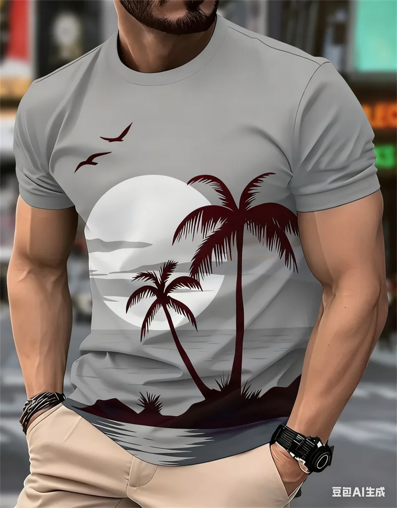 Fashion men's coconut tree and seagull 3D printed men's T-shirt for summer casual daily Beach and Seaside vacation men clothing