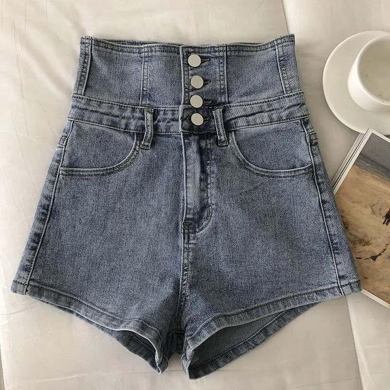 2023 New Women\'s High Waist Design Slim Button Denim Jeans Shorts Feminino Gary Blue Black