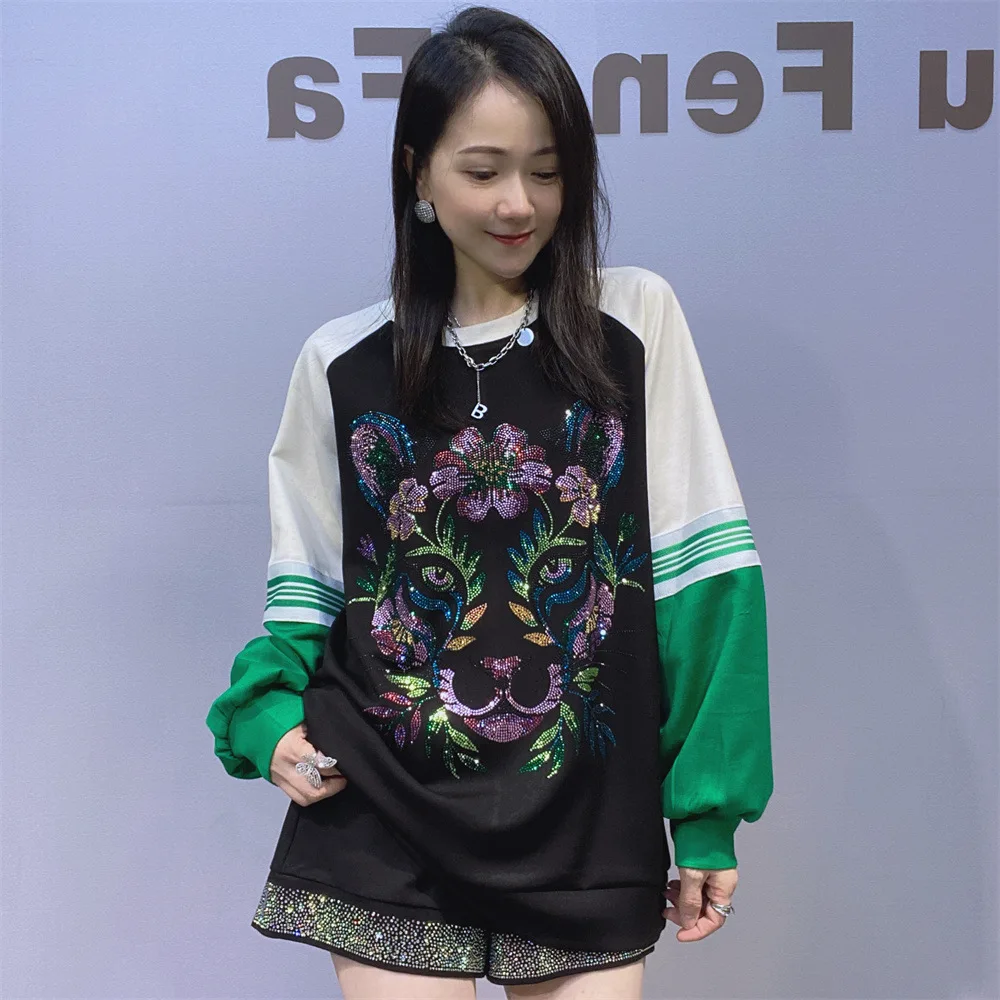 European Hot Diamond Sweatshirts Women's Autumn Coat Loose Fashion Round Neck Space Cotton Splicing Color Cartoon Sweatshirt