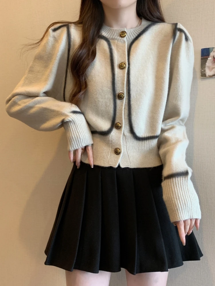 

Slimming Short Knitted Open Cardigan Sweater for Women Spring Autumn plus Size Fashion Design Korean Style Bubble Sleeve