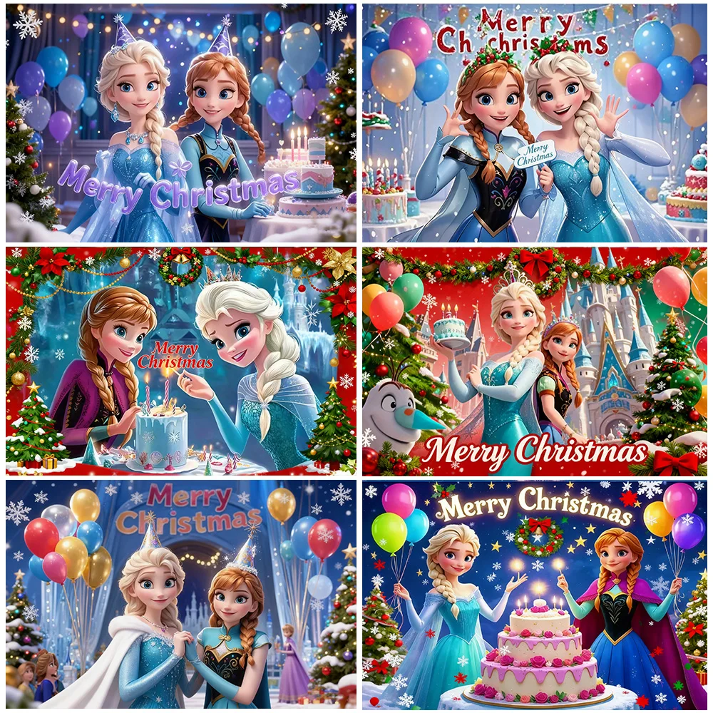 

Disney Frozen Anna And Elsa Princess Merry Christmas Backdrop Birthday Party Decorations Xmas Baby Shower Supplies Photo Prop