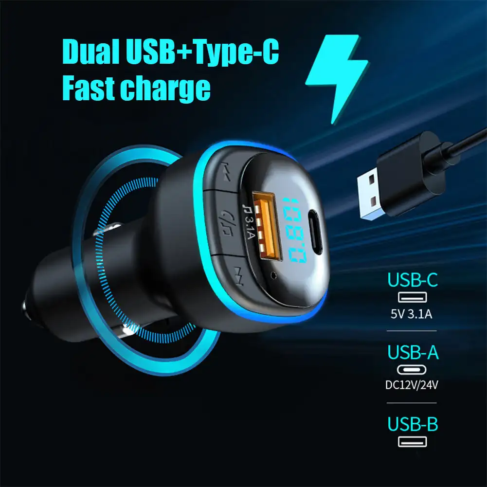 Bluetooth 5.0 Car Charger Fast Charging USB Type C Car Phone Charger FM Transmitter Handsfree Cigarette lighter MP3 Music Player