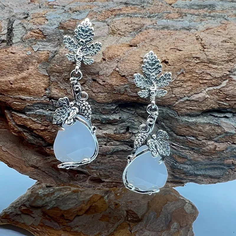 vintage water droplets white stone earrings silver color metal carved leaves long dangle earrings for women