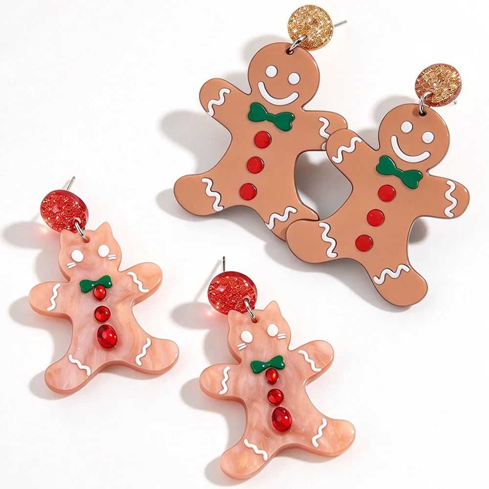 Cute Acrylic Cartoon Gingerbread Man Drop Earrings Funny Glitter Pendant Earring for Women Christmas Jewelry Gifts