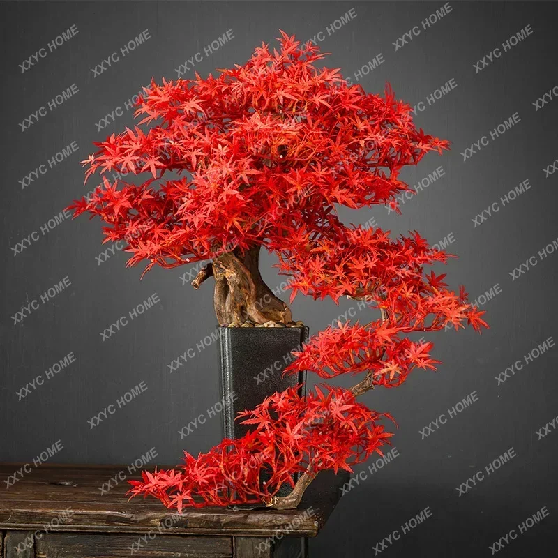 New Chinese-style entrance ornament simulation green plant welcome pine red maple bonsai fake potted plant, tea room decoration