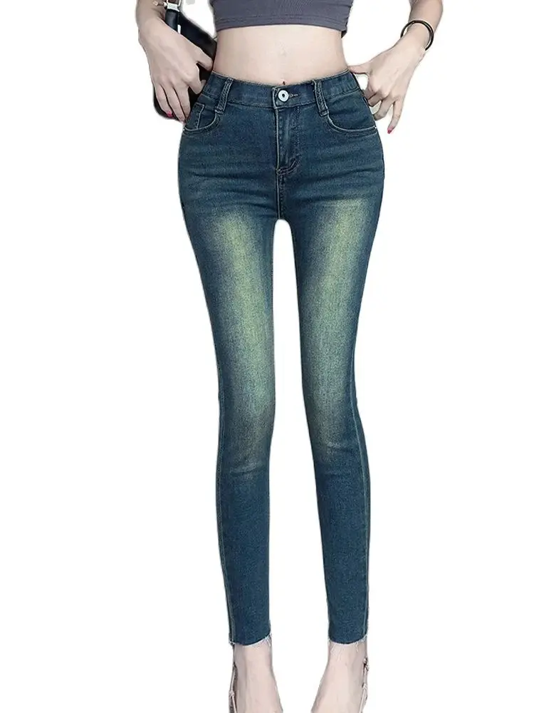 

Leisure High Waisted Elastic Denim Tight Cropped Pants 2024 New Korean Fashion Women'S Clothing