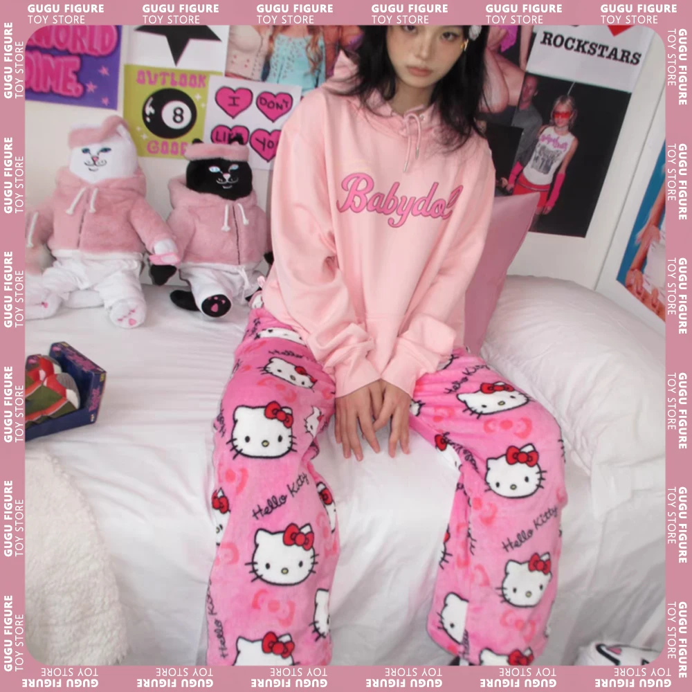 Sanrio Christmas Hello Kitty Flannel Pajamas Black Women'S Warm Woolen Cartoon Casual Home Pants In Winter Fashion Trousers Gift