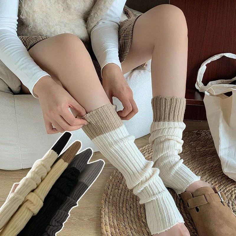 

Winter Wool Knitted Contrast Color Calf Socks for Women Girls Simple Korean Style Leg Warmers Cuffs Knee Protection Long Socks