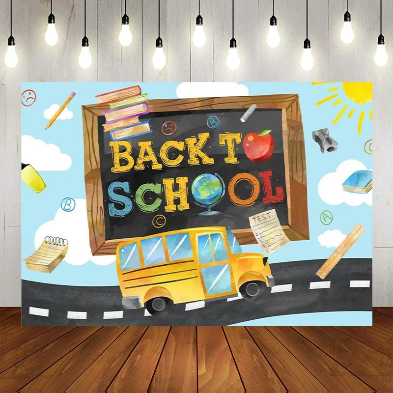 First Day School Backdrop Black Chalkboard Decorations School Bus Banner Preschool Kids Classroom Party Photography Background