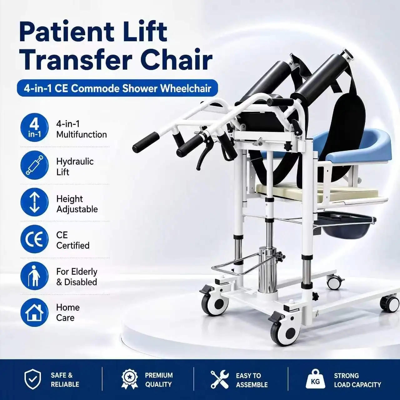 Chaise de transfert hydraulique pour patient 4-en-1 CE, fauteuil de douche et de toilette pour personnes âgées et handicapées, soins à domicile, hauteur réglable