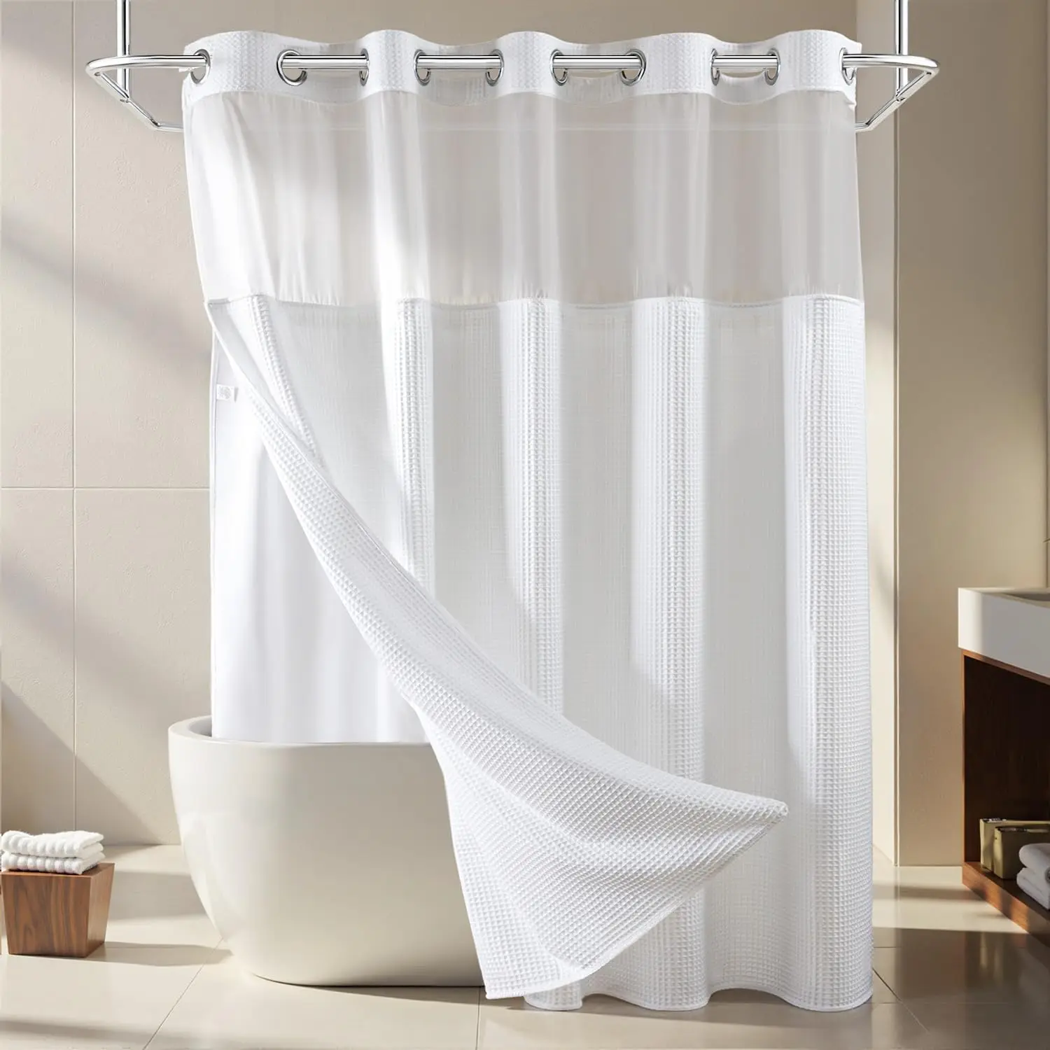 

White Fabric Shower Curtain Set, Cotton Blend Waffle Weave with Snap-in Liner, 71x74 Inches