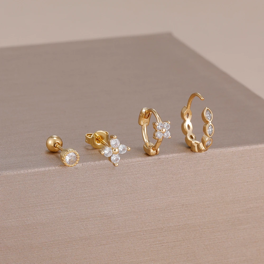 4PCS Stainless Steel Flower Zircon Hoop Earrings Set for Women 18K Gold Plated Hypoallergenic Cartilage Piercing Earring Jewelry