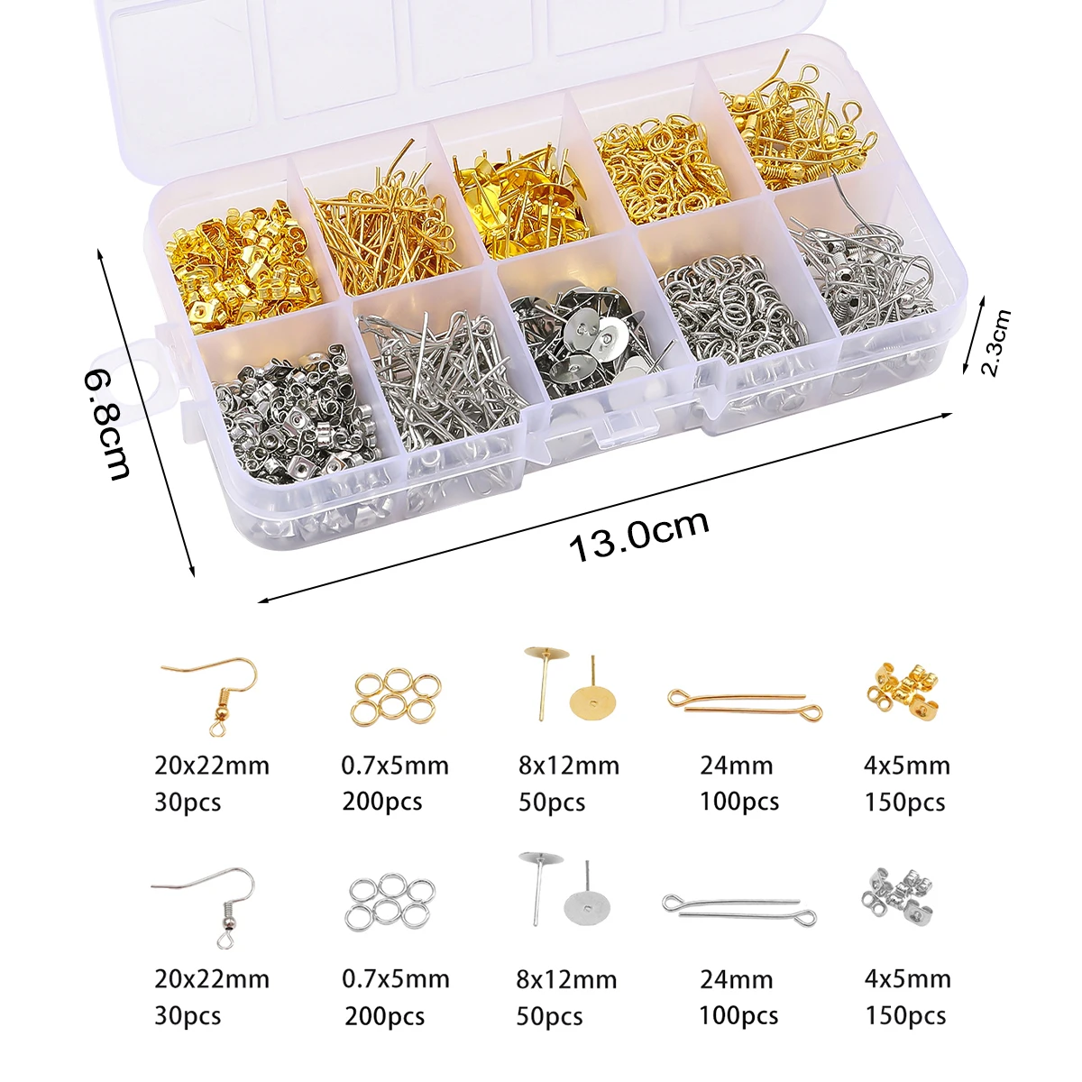 10 Grid Alloy Jewelry Tools Set Include Ear Hook Single Loop Ear Needle 9-shaped Needle Ear Plug For DIY Jewelry 1060pcs/box