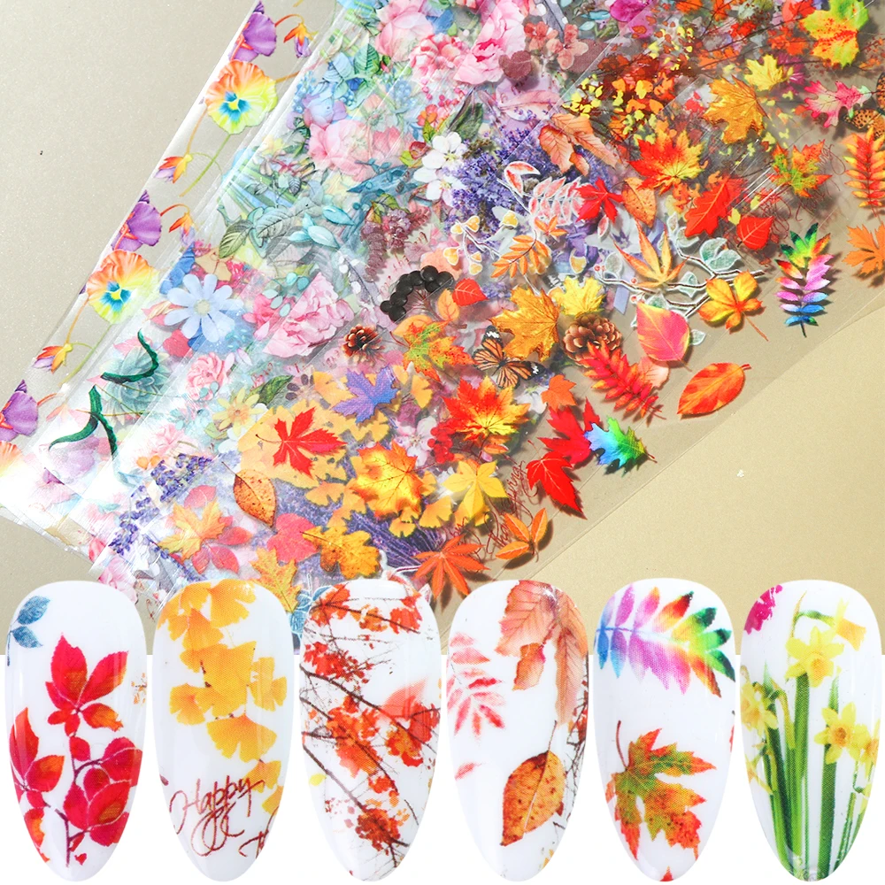 10pcs Autumn Foil Nail Art Maple Leaf Gingko Plants Nail Sticker Lavender Flowers Butterfly Transfer Sheet Manicure Wrap NT19132