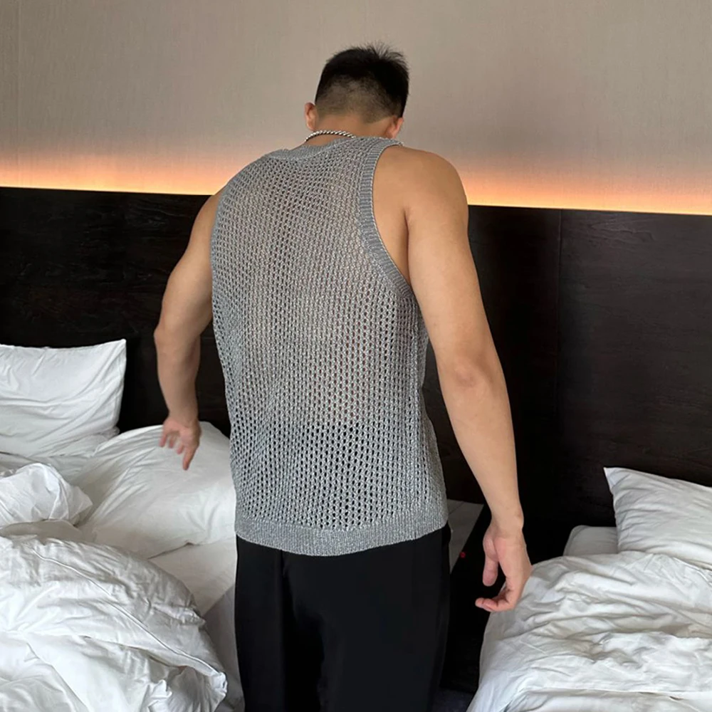 Mens Sexy Hollow Mesh Knitted Vest Genderless 2024 New Nightclub Niche Casual Solid Color Sleeveless Knitted Tank Top Unisex