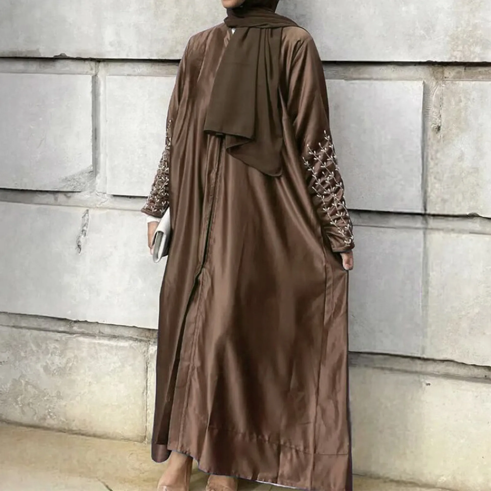 2023 Solid Color Handmade Beaded Dress Gown Muslim Open Abaya Cardigan with Belt Women Islam Clothing Kimono Femme Musulmane