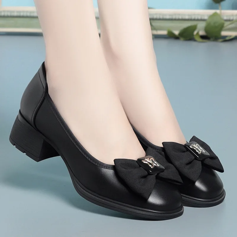 

Spring Autumn Soft Leather Single Shoes For Women Square Toe Shallow Mouth Thick Heel Soft Bottom Comfortable Low Heel Pumps Bow