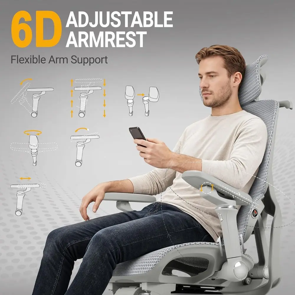 كرسي مكتب تنفيذي مريح عالي الظهر مع مساند للذراعين 6D، تدليك ساخن، دعم قطني، ميزات قابلة للتعديل (رمادي) #4