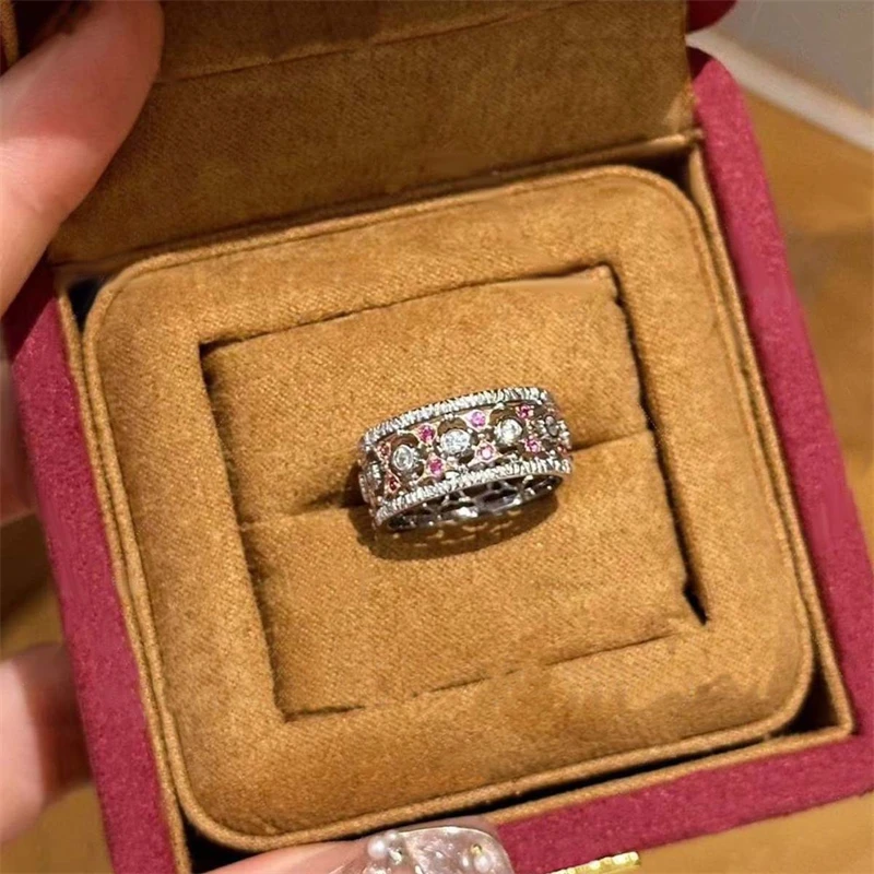 French Retro Pink Crystal Lace Hollow Adjustable Ring for Women Fashion Exquisite Knot Ring Jewelry Accessories Wholesale