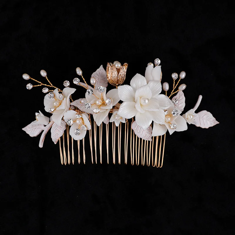 Bridal Hair Piece Comb Ceramic Floral Women Freshwater Pearls Jewelry Gold Color Wedding Headpiece Accessories