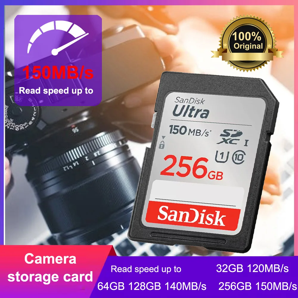 بطاقة SD كاملة الحجم من SanDisk 32 جيجابايت SDHC C10 64 جيجابايت 128 جيجابايت 256 جيجابايت بطاقة SDXC 512 جيجابايت cartao de memoria carte sd tarjeta لكاميرا فيديو عالية الدقة #1
