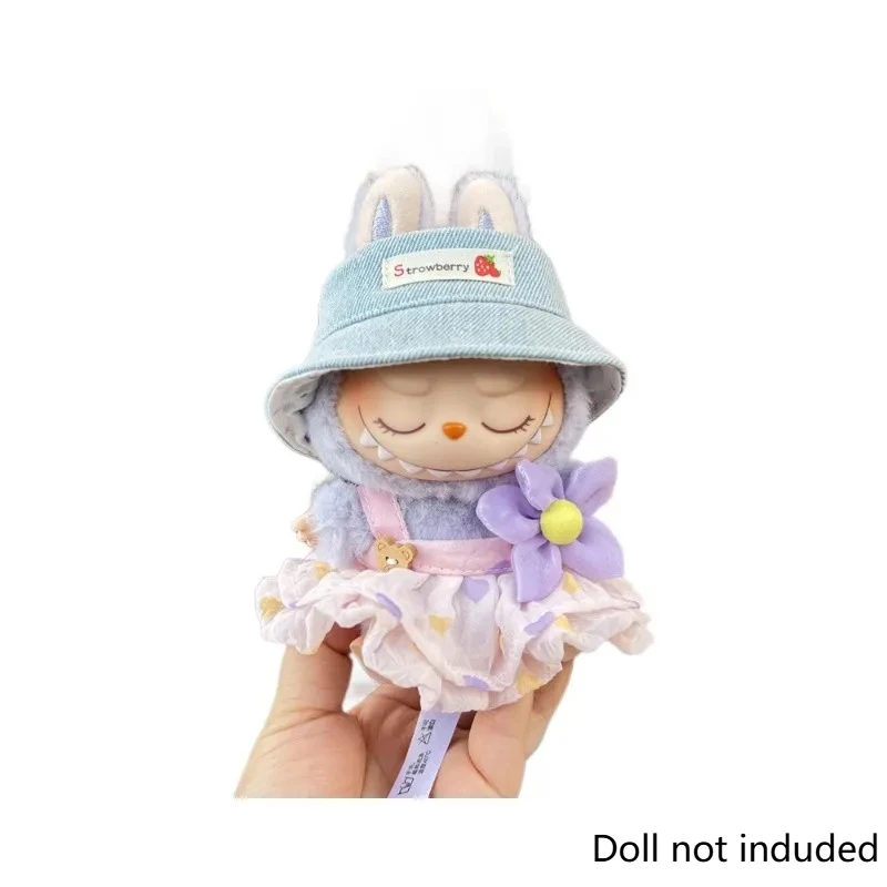 Voor 17 cm Labubu Pop Outfit Gerimpelde Rok Bloem Haarspeld Set Visser Hoed Labubu Kleding Ropa Labubu