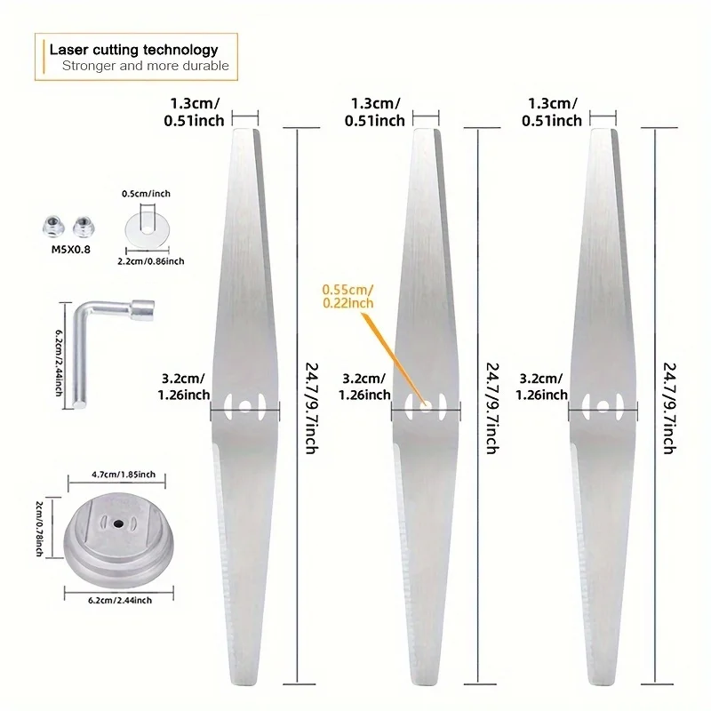 3 шт., 9,7-дюймовое лезвие для кошения газона с одним словом и 5 аксессуарами, монтажное отверстие M5 мм, простое в установке, утолщенная марганцевая сталь, прочный, двусторонний дизайн, подходит для легкого прополки сада, обрезки сада, кошения газона