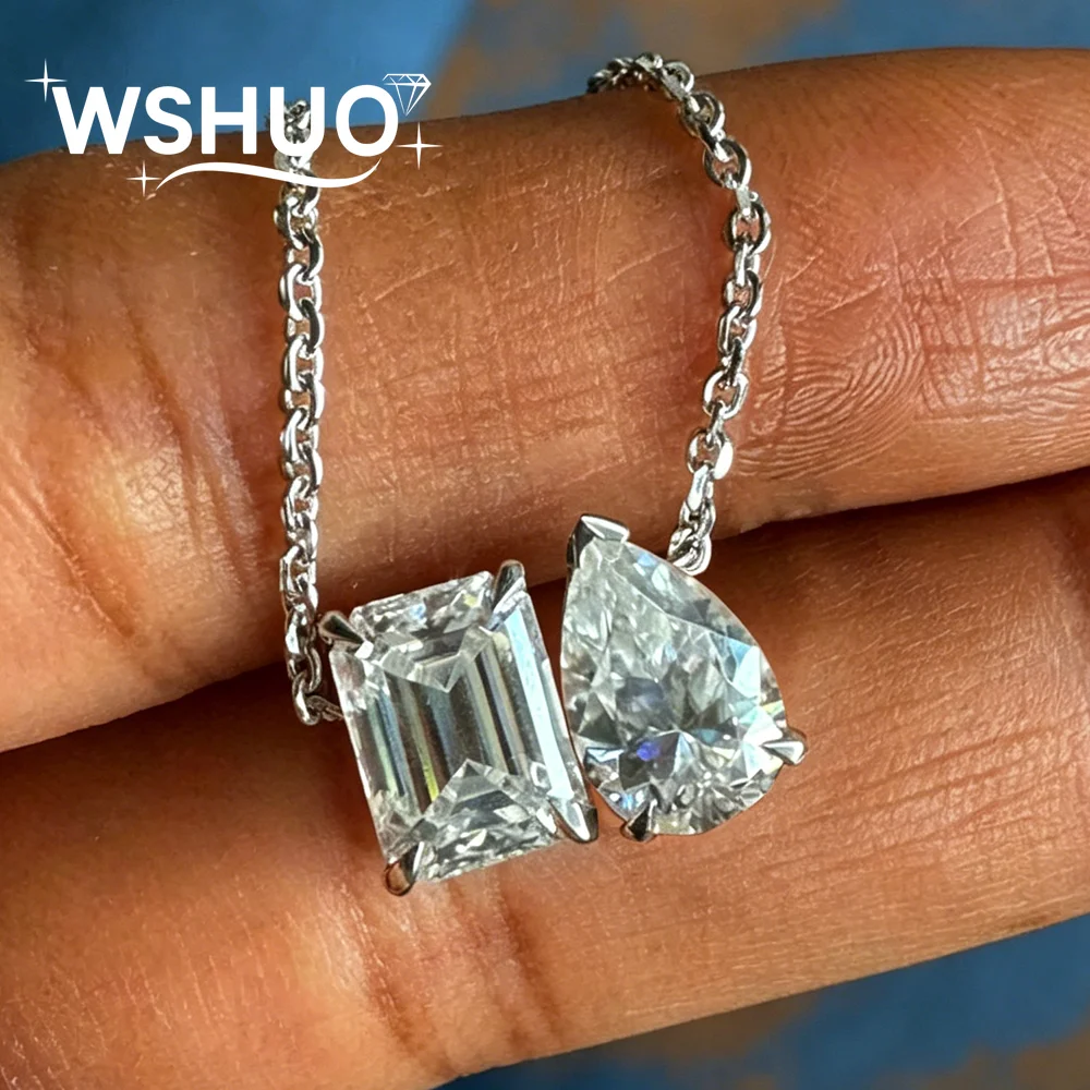 

Toi et Moi Emerald Pear Cut Moissanite Pendant Necklace S925 Silver 2-Stone Lab Diamond Clavicle Neckchain for Women Wedding