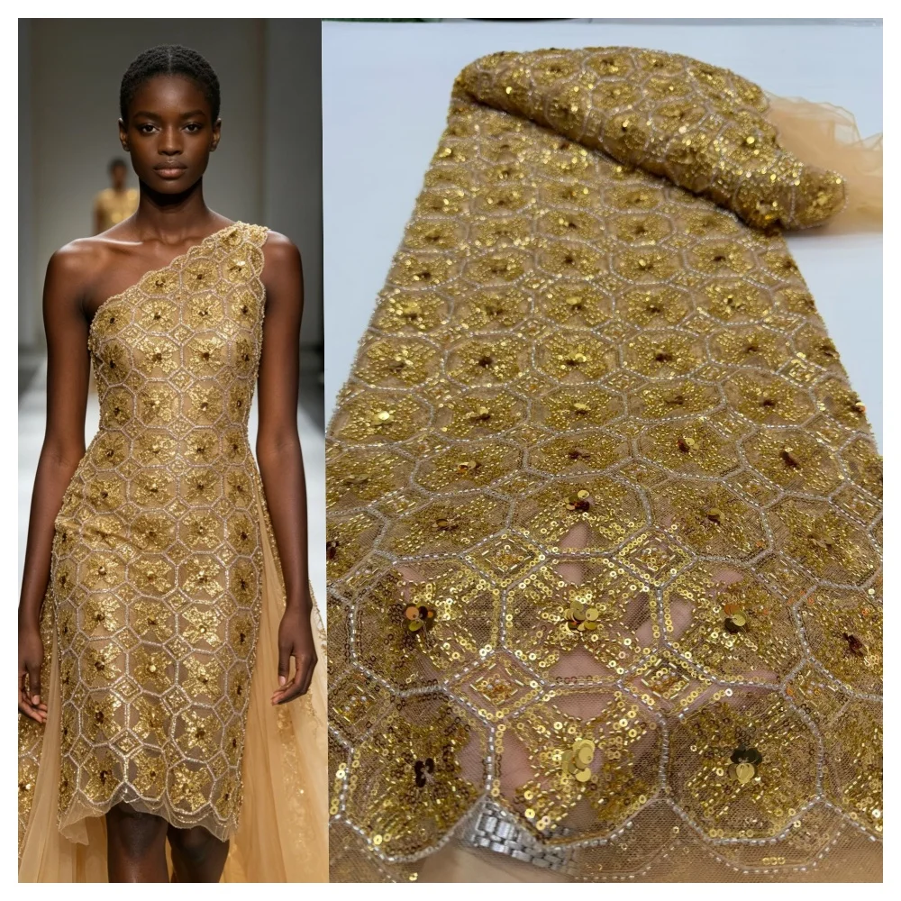 

Нигерийская ткань с пайетками 2026: высококачественный тюль, кружево, вышивка, африканская сетчатая ткань для выпускных платьев, бисер, 5 ярдов, DP0509