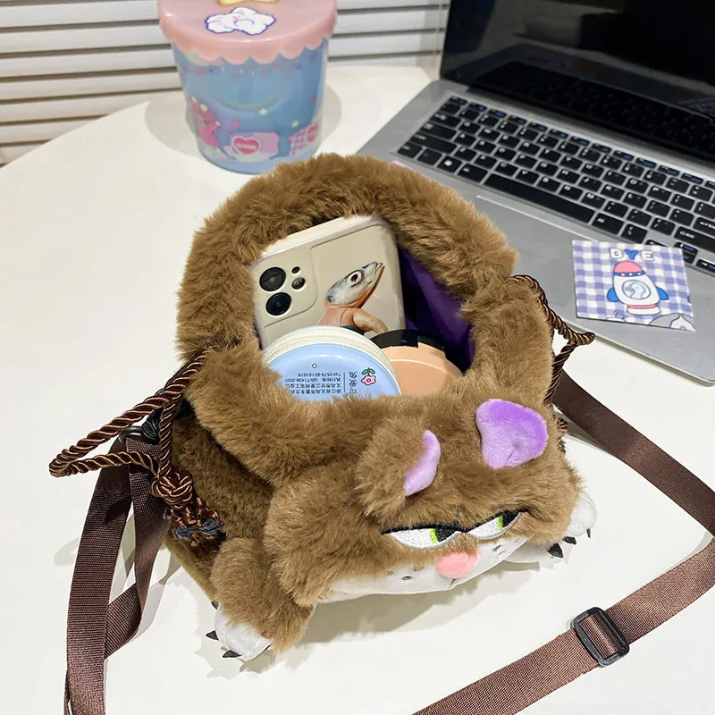 2023 Winter Cute Plush Cat Crossbody Bags For Women Small Messenger Bag Warm Plush Doll Shoulder Bag Girls Birthday Gift Toy