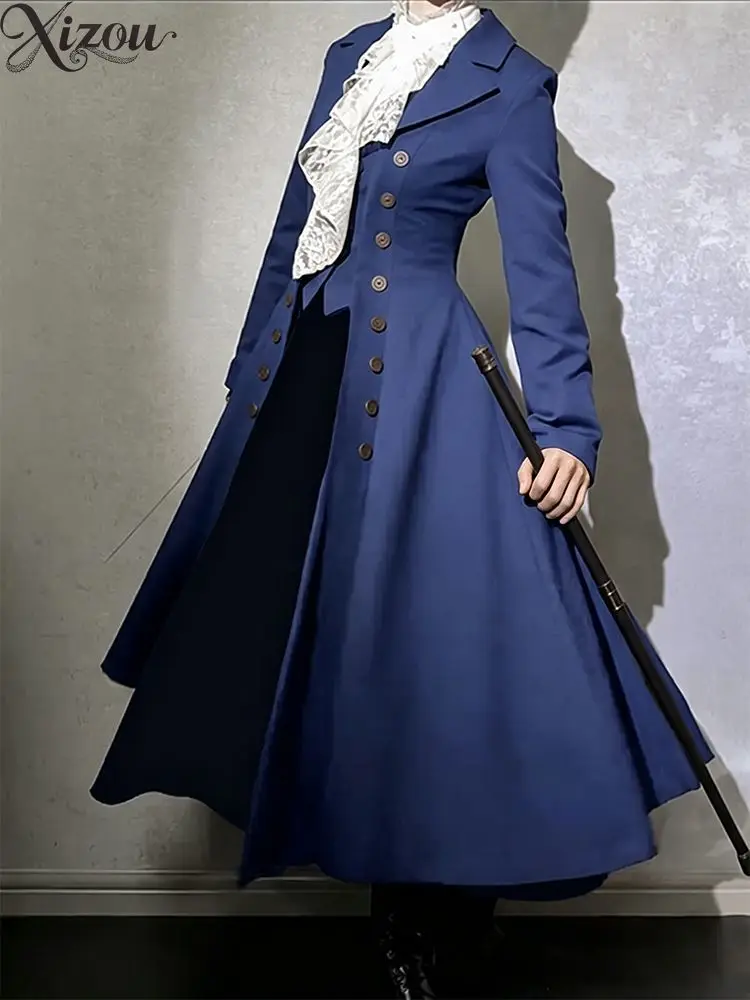 Prince Style Trench Lolita Wool Blend Long Coat Autumn Elegant Victorian Tailored Flared Overcoat Women Gothic Outerwear Elegent