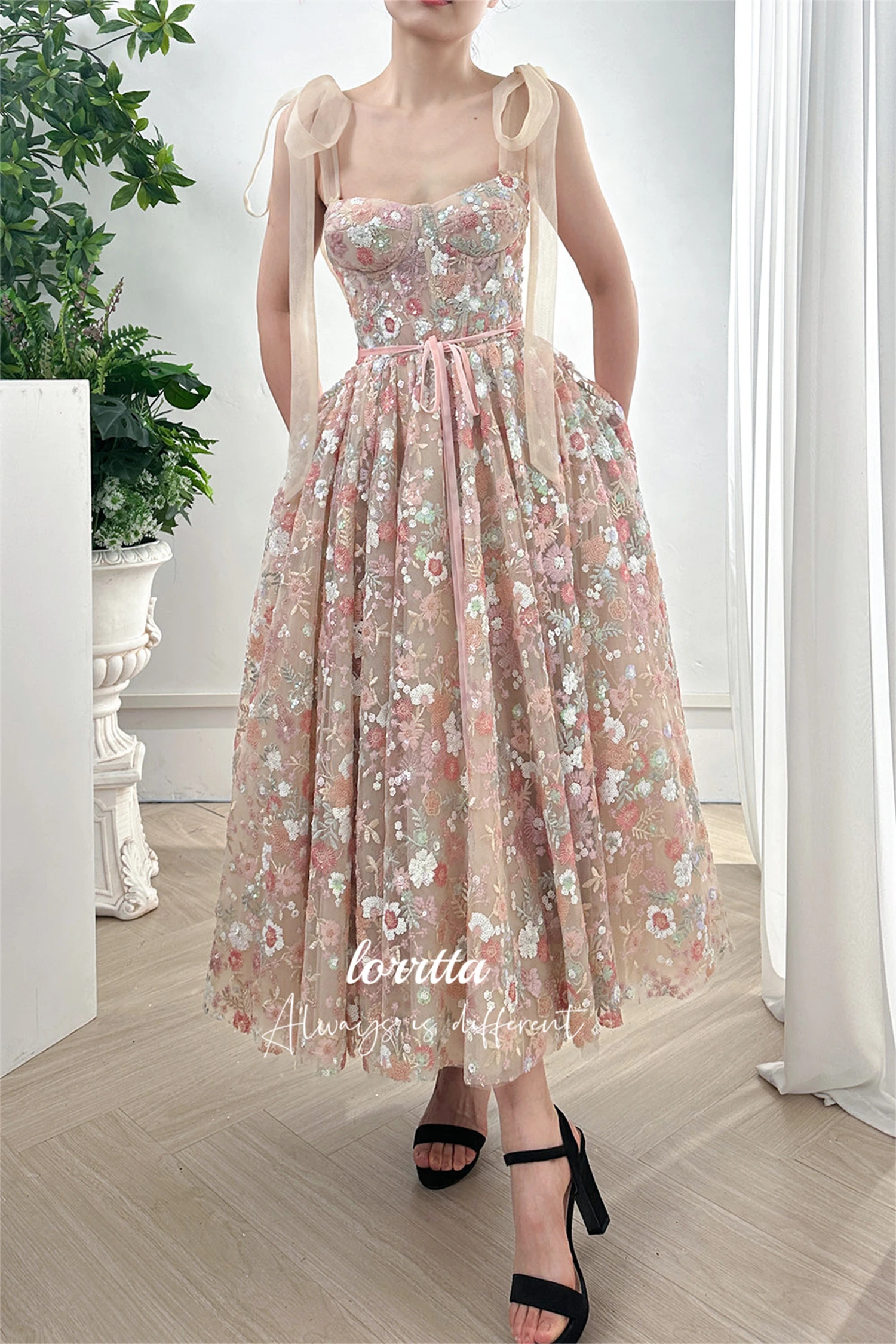 Lorrtta Graduation Gown Bead Embroidery Fabric Flowers Evening Dress Party Line A Medium Length Dresses for Special Events Prom