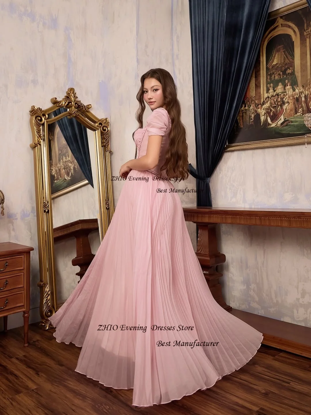 ZHIO Rosa Schönes Tüll Abendkleid Geraffte Spaghettiträger Langes Partykleid Plissee Trägerloses Kurzarm Abendkleid Maßgeschneidert