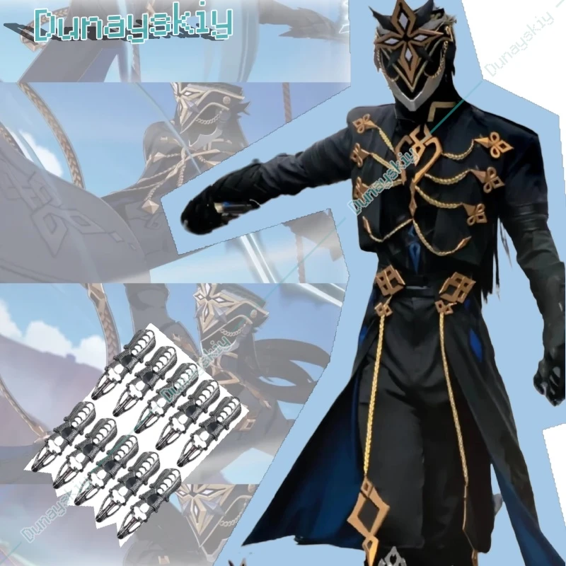 II Capitano Cospaly Genshin Impact Eleven Fatui Harbinger Costume Cloak Shield Black Uniform Halloween Party Captain