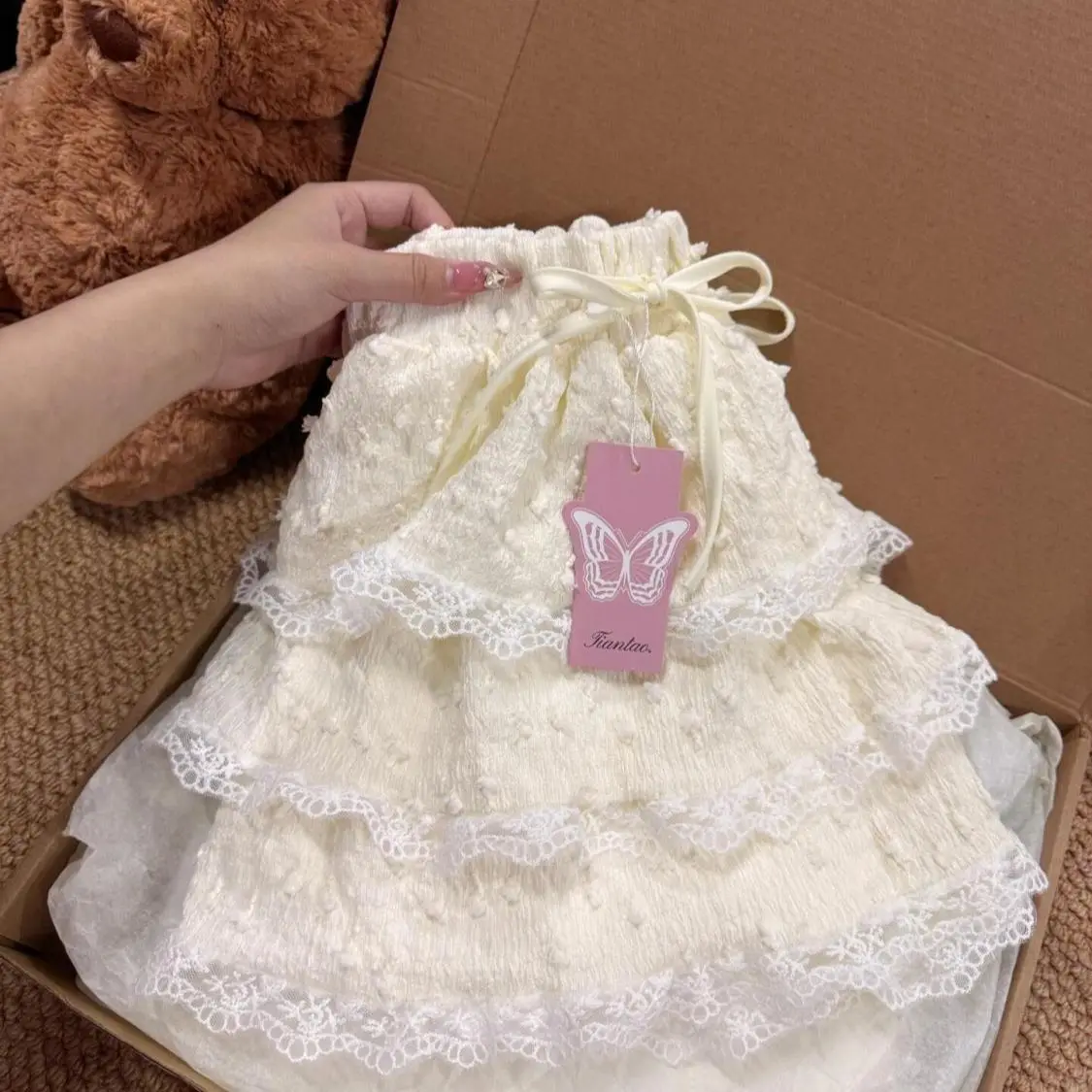 Mini jupe à volants en dentelle douce pour femmes, taille haute, bouffante élastique, courte, superposée douce, plissée, Style d'été mignon