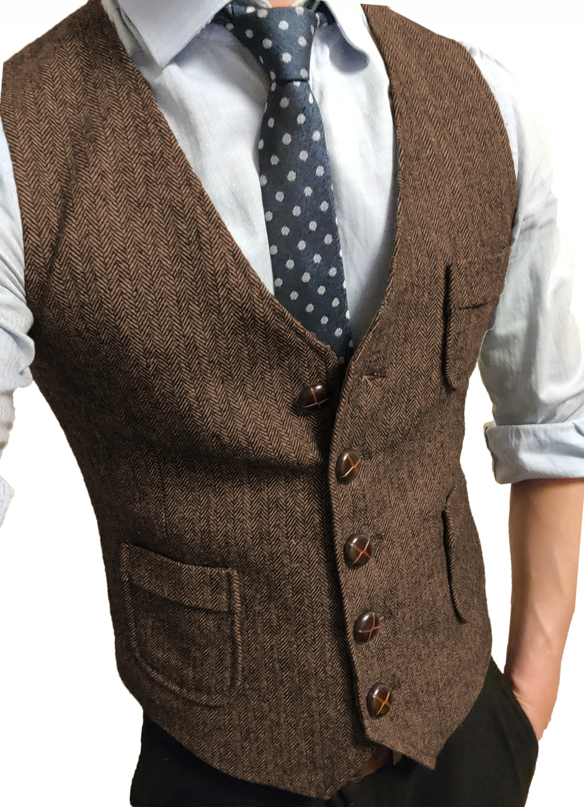 

Herringbone Men Vest Brown Formal Suit V-neck Tweed Waistcoat Business Casual For Wedding Groom Banquet Work Tuxedo Vest