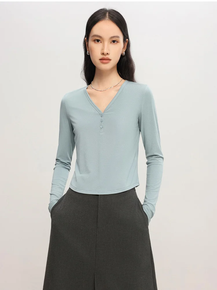 

Women V-Neck Button T-Shirt,Spring Autumn Long Sleeve Slim Soft 6% Silk Solid Color Bottoming Tops