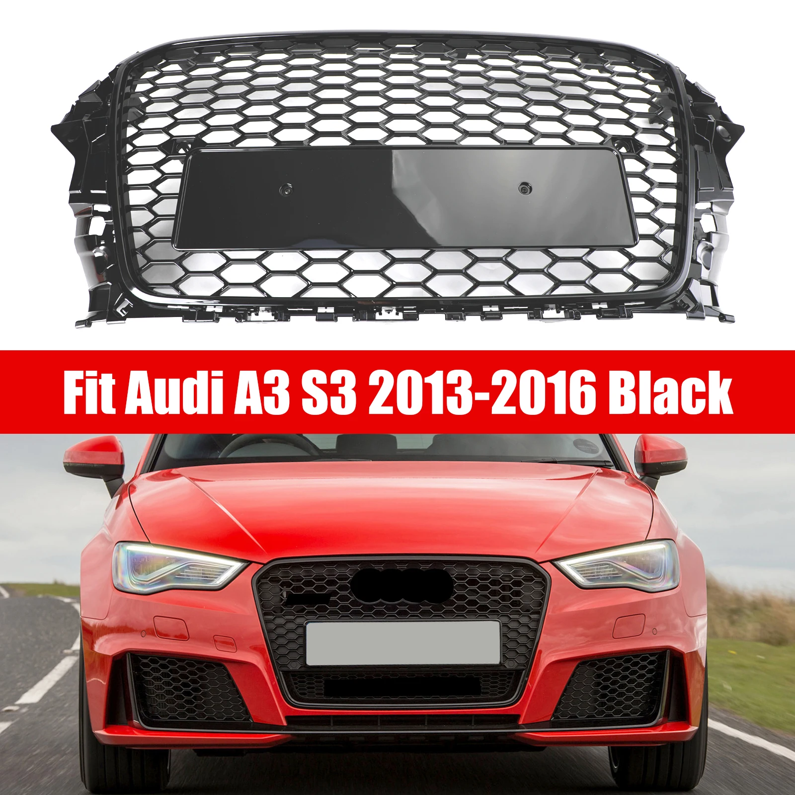 Artudatech RS3 Style Front Hood Henycomb Bumper Grille Grill For Audi A3 S3 2013-2016 Gloss Black