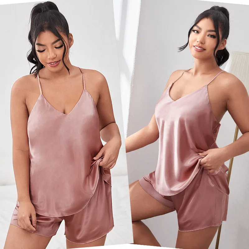 Conjunto de pijamas de seda imitação de duas peças para mulheres, pijama halter sexy, conjunto para casa fashion, plus size, adiciona gordura