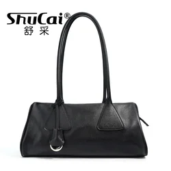 Genuine Leather Women Shoulder Armpit Vintage Brown Baguette Bag Luxury Designer Brand Ladies Handheld Black Bowling Bag