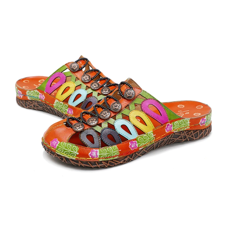 Koznoy 3cm Print Sheepskin Leather Ethnic Luxury Slippers Flats Leisure Big Size Fashion Multicolor Women Designers Summer Shoes