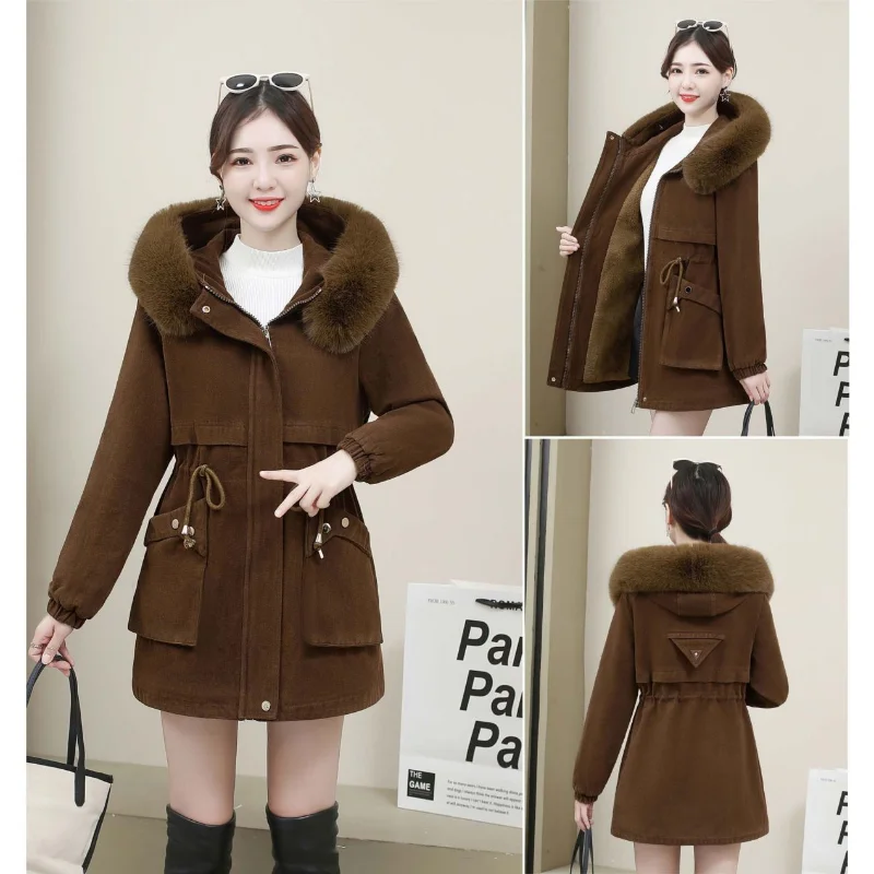 2023 New Women Cotton Coat Winter Jacket Female Plush Thick Parkas Mid Length Version Outwear Artificial Fur Collar Overcoat