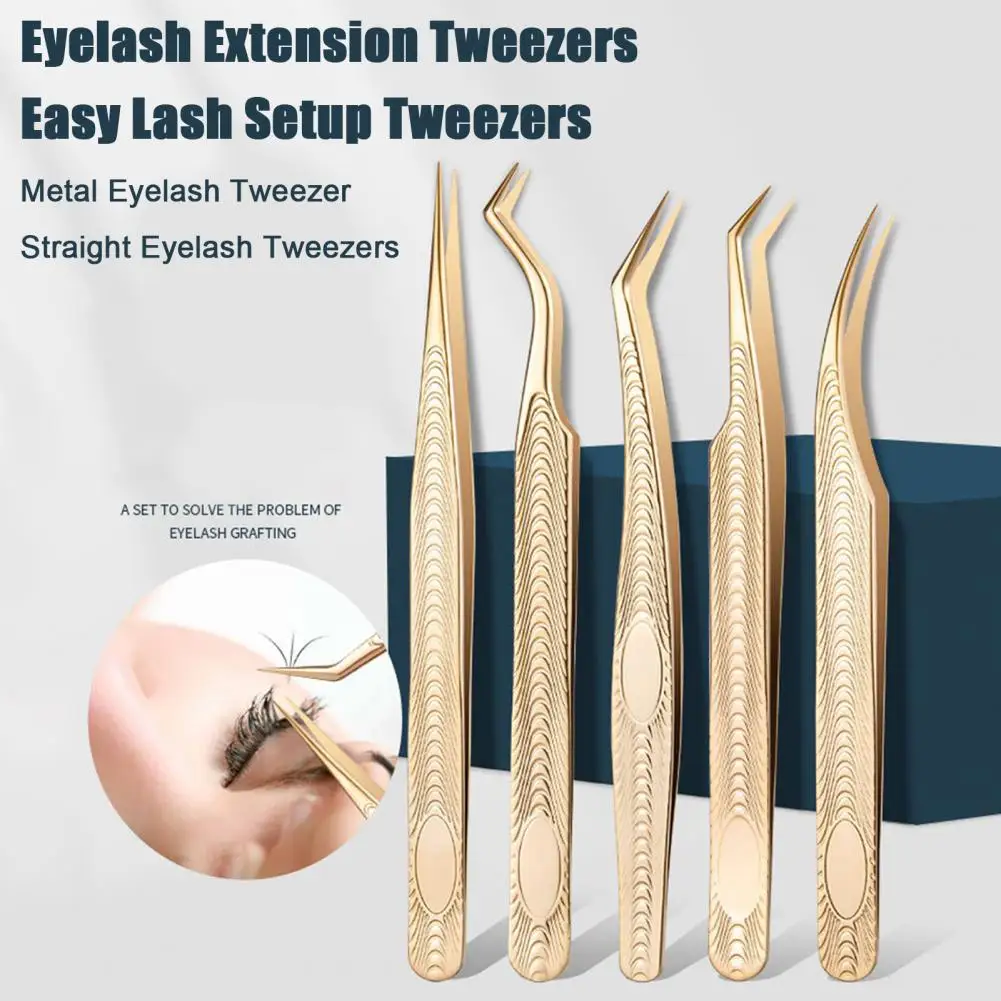 5Pcs Eyelash Extension Tweezers Stainless Steel Precision Tweezers Straight Carved Fiber Tip Lash Tweezers Eye Makeup Tools