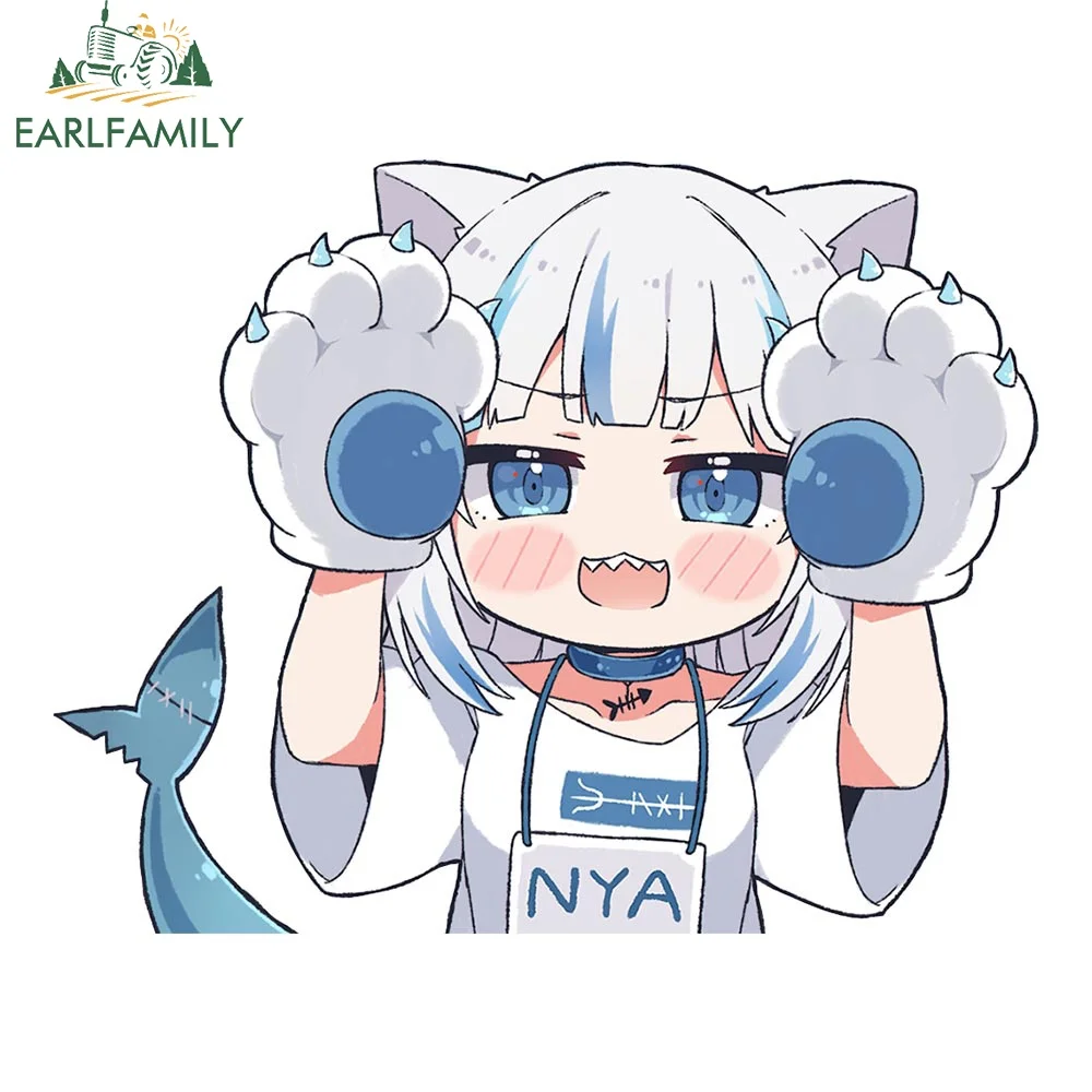 EARLFAMILY 13cm x 10.2cm Cat Paw Gura Anime Car Sticker Cute Laptop Luggage Shark Tail Decal Chibi Loli Refrigerator Car Goods
