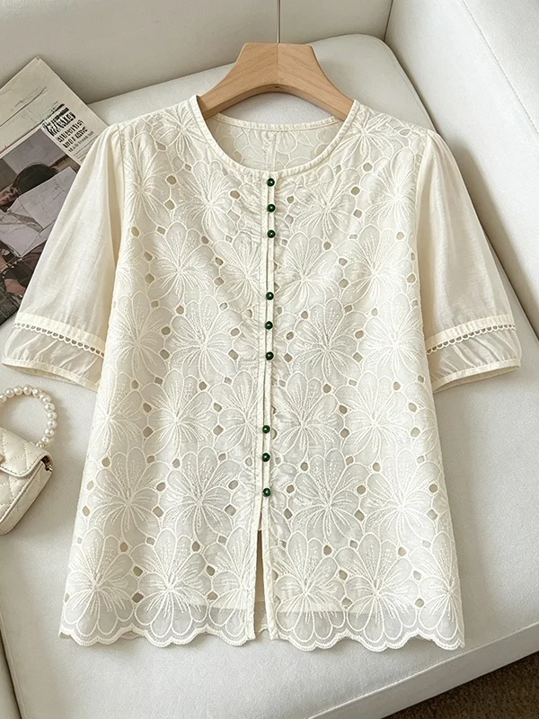 

Large Size Women's Summer New Style Chinese National Style Lace Short Sleeve Shirt Embroidered Hook Flower Youthful Top