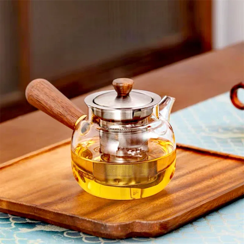Japanese 240ml Side Handles Glass Teapot with Stainless Steel Tea Diffuser Fine Mesh Filters Kung Fu Tea Set Household Tea Maker