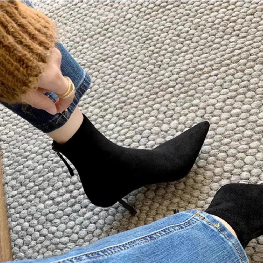 أحذية نسائية من جلد الغزال للخريف والشتاء أحذية نسائية جديدة بكعب عالٍ وسحاب أحذية نسائية قصيرة للمرأة #6