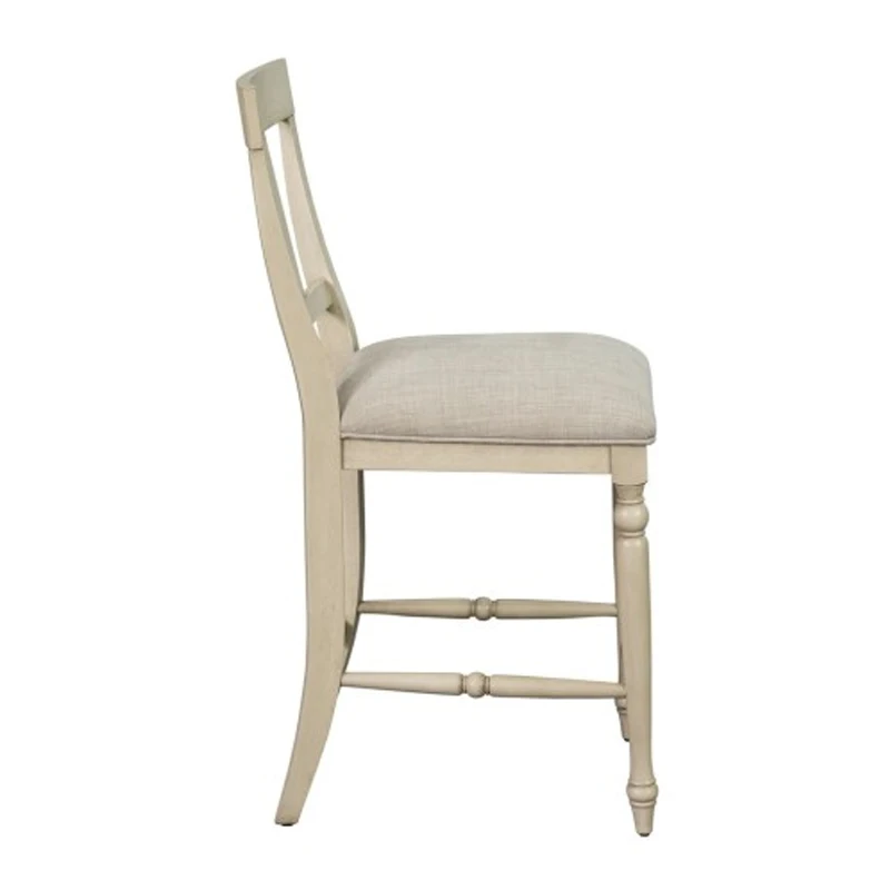 Farmhouse Counter Stool: Rustic Whitewash Upholstered Seat, Elegant Turned Wood Legs, Silver Metal Kick Plate, Assembly Required