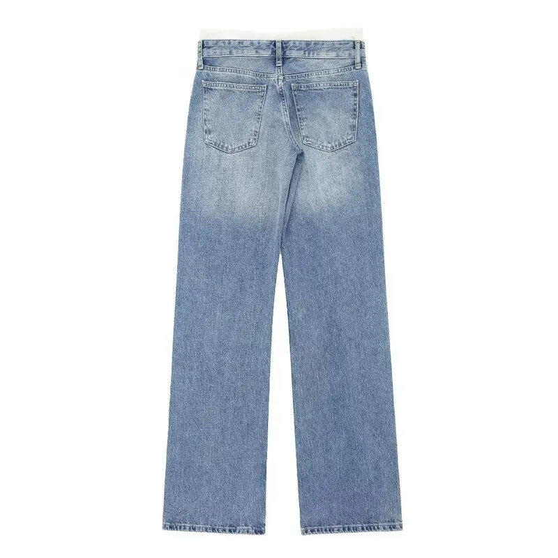 Spring 2024 Women's Casual Mid-Waist Patchwork Wide Leg Jeans Long Pants Comfortable Fit l Waist Wide Leg Trousers