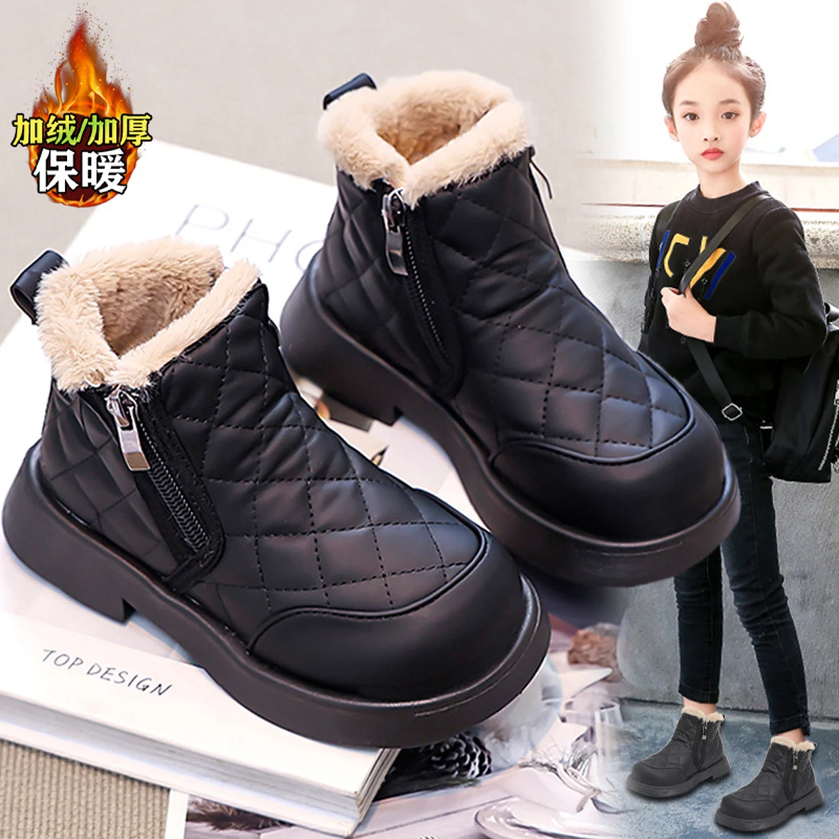 

Новые зимние теплые детские зимние ботинки на флисовой подкладке для маленьких девочек, детские черные хлопковые ботинки на плоской подошве для девочек, кроссовки